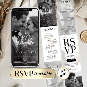 Modern digital wedding invitation template with RSVP, customizable in Canva. Includes online RSVP form, wedding program, and elegant black and white design. Perfect for minimalist weddings, instant download, mobile-friendly and trackable RSVP link. Ideal for couples planning a paperless and modern wedding experience.