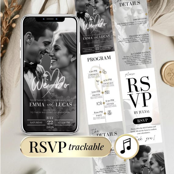 Digital Wedding Invitation RSVP Online - Invitation de Mariage Numérique avec Formulaire Suivi en Ligne - Modèle Canva Faire Part Mariage