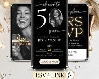 50th Birthday Invite RSVP Surprise Digital Template Editable Animated Party Evite with Online Guest Tracker for Men Women SMS Phone Invite