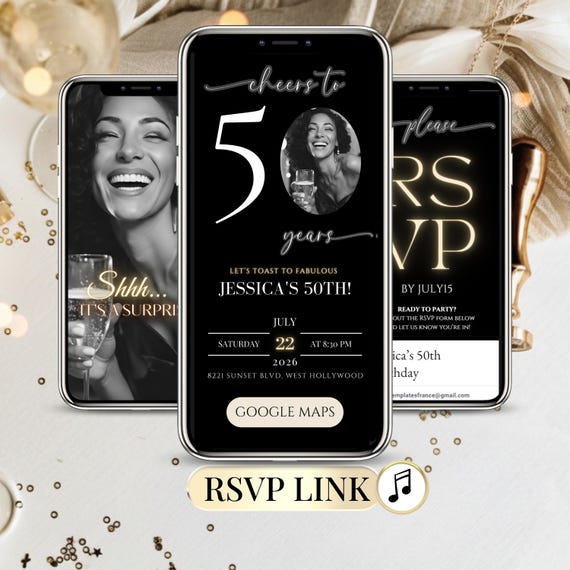 50th Birthday Invite RSVP Surprise Digital Template Editable Animated Party Evite with Online Guest Tracker for Men Women SMS Phone Invite