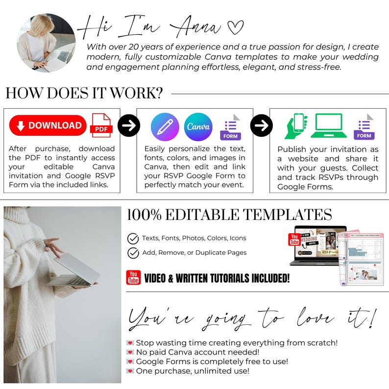 How engagement party digital invitation works, download PDF, edit Canva invitation website, connect Google Form RSVP and share online.