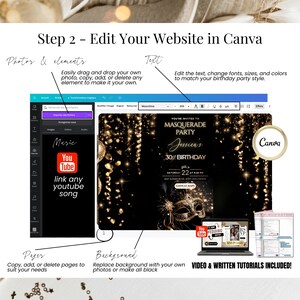 May include: A digital design tutorial with the text "Step 2 - Edit Your Website in Canva." The image shows a computer screen with a birthday party invitation template. Instructions include editing text, adding photos, and changing the background. Video and written tutorials are included.