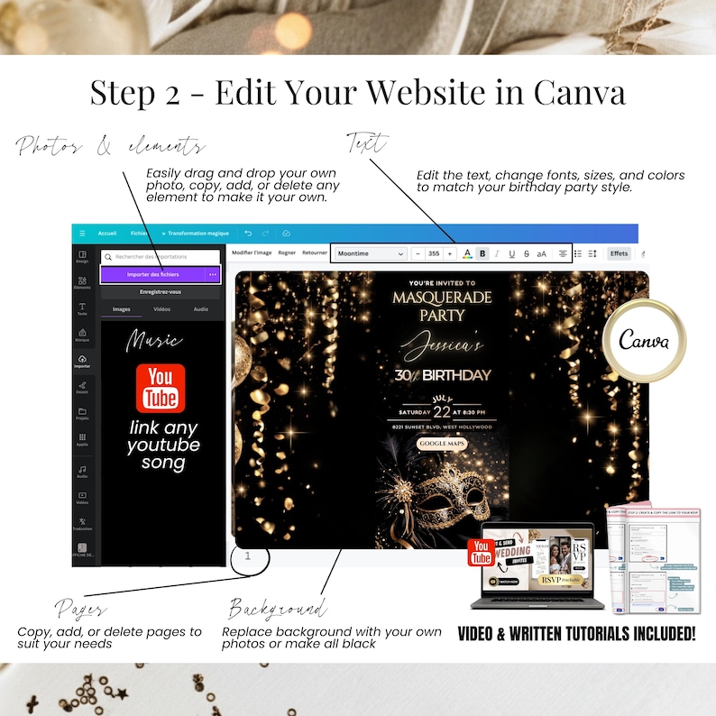 May include: A digital design tutorial with the text "Step 2 - Edit Your Website in Canva." The image shows a computer screen with a birthday party invitation template. Instructions include editing text, adding photos, and changing the background. Video and written tutorials are included.
