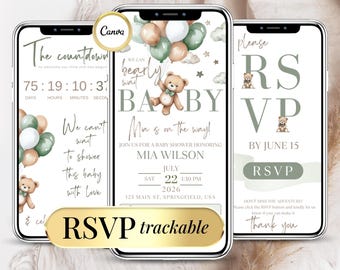 Baby Shower Einladungsvorlage Junge Mädchen Teddybär Bearbeitbare digitale Einladung mit Online-RSVP, Digitale Einladung Baby Shower Einladung