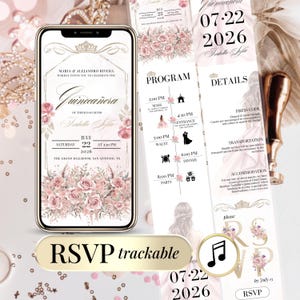Digital Quinceanera Invitation RSVP Gold Template, Editable Sweet 15 Birthday Online Invite Floral Template for Mis Quince 15 Anos RSVP Page