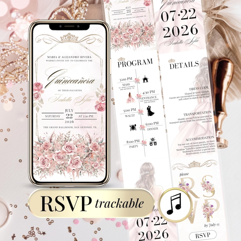 Gold digital Quinceañera invitation designed for a Sweet 15 birthday celebration. Elegant digital birthday invite editable in Canva, featuring an online RSVP form. Perfect for a modern Quinceañera party or 15th birthday event, this electronic invitation is easy to personalize and share via WhatsApp, SMS, or email.