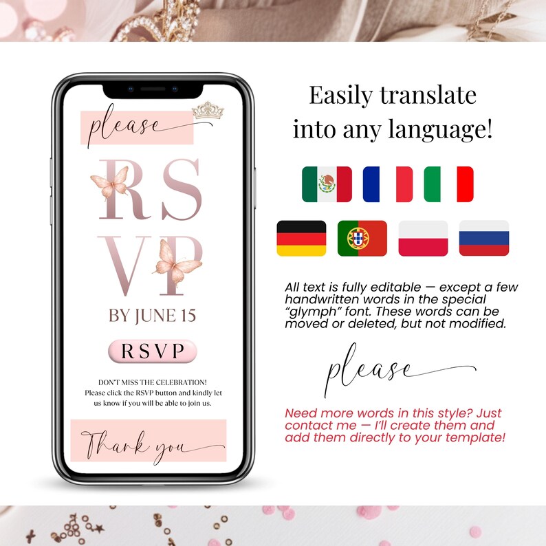 以下が含まれることがあります： スマートフォンには、ピンク色の「RSVP」と「ありがとう」という文字が入ったデジタル招待状が表示されています。デザインには蝶のイラストと王冠が含まれており、結婚式やお祝いに最適です。画像には旗も表示されています。