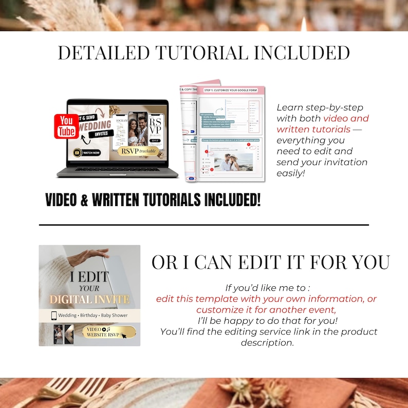 Wedding invitation Canva template with video and written tutorials included, easy setup, optional editing service, burnt orange wedding invitation RSVP website, terracotta wedding invitation, interactive fall autumn digital wedding invite