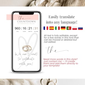 Wedding countdown timer phone mockup with translation flags showing the digital wedding invitation template can be translated into French, Spanish, Italian, German and more