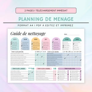 Peut inclure: Un modèle de planning de ménage imprimable en français. Le planning est divisé en tâches quotidiennes, hebdomadaires, mensuelles et annuelles. Le planning est conçu pour aider les gens à garder leurs maisons propres et organisées.
