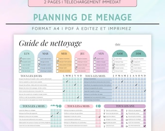 May include: A printable cleaning schedule checklist in French. The checklist is divided into daily, weekly, monthly, and yearly tasks. The checklist is designed to help people keep their homes clean and organized.