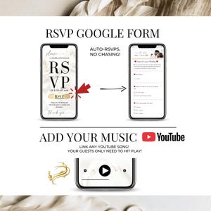 Modern wedding digital invitation template with RSVP link, wedding calendar save the date Canva template, interactive wedding website invitation with music countdown, minimalist elegant wedding evite design