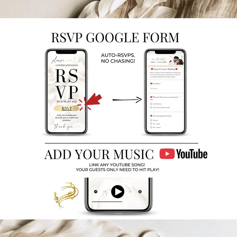 Modern wedding digital invitation template with RSVP link, wedding calendar save the date Canva template, interactive wedding website invitation with music countdown, minimalist elegant wedding evite design