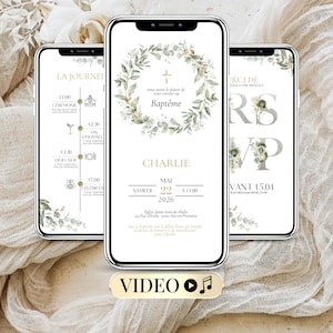 Invitation Baptême Numérique – Video Faire-Part Fille Garçon – Modèle Canva Éditable – Thème Eucalyptus – Téléchargement Instantané PDF MP4