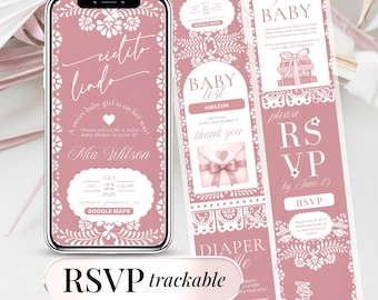 Cielito Lindo Baby Shower Invitation for Girl – Pink Digital Template with RSVP, Editable Mexican Theme Invite, Papel Picado Canva Design