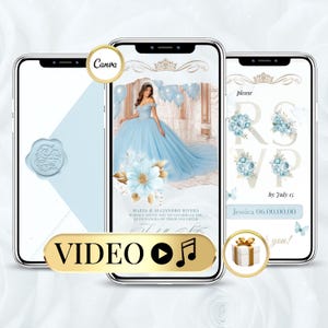Animiertes Quinceanera-Einladungsvideo, blaue digitale Einladung, bearbeitbare Sweet 15 Quinceanera-Einladung zum Geburtstag Sweet 16 Geburtstagskind 15 Jahre alt