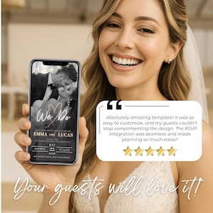 Bride holding phone with digital wedding invitation and 5-star customer review – editable Canva wedding website template with RSVP integration, modern video invite guests love, customizable and easy to use – online wedding invitation for text or email – Templates4Branding