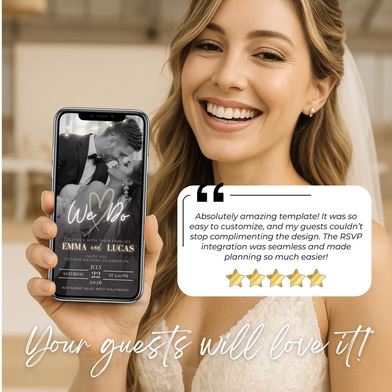 Bride holding phone with digital wedding invitation and 5-star customer review – editable Canva wedding website template with RSVP integration, modern video invite guests love, customizable and easy to use – online wedding invitation for text or email – Templates4Branding
