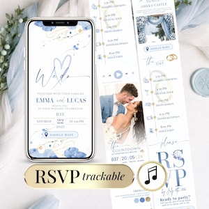 Dusty blue digital wedding invitation website with RSVP tracking, music and countdown timer, editable Canva wedding invite, blue and gold elegant online wedding invitation shared by phone, modern wedding website template with Google Forms RSVP, mobile-friendly design for instant sharing via WhatsApp, email or SMS