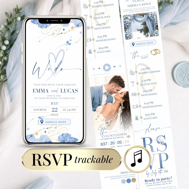 Dusty blue digital wedding invitation website with RSVP tracking, music and countdown timer, editable Canva wedding invite, blue and gold elegant online wedding invitation shared by phone, modern wedding website template with Google Forms RSVP, mobile-friendly design for instant sharing via WhatsApp, email or SMS