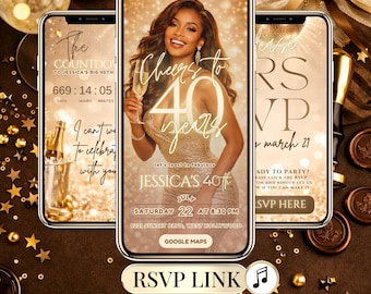 Invitación digital para el 40 cumpleaños con sistema de seguimiento de asistencia / Plantilla web Canva Gold Glam con música, cuenta atrás y tarjeta electrónica editable para cualquier edad.