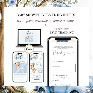 Editable Teddy Bear Baby Shower Website displayed on desktop, tablet and mobile with Google Form RSVP tracking, countdown timer, music, Canva template, baby boy digital invitation and instant online RSVP.