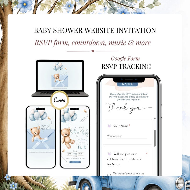 Editable Teddy Bear Baby Shower Website displayed on desktop, tablet and mobile with Google Form RSVP tracking, countdown timer, music, Canva template, baby boy digital invitation and instant online RSVP.