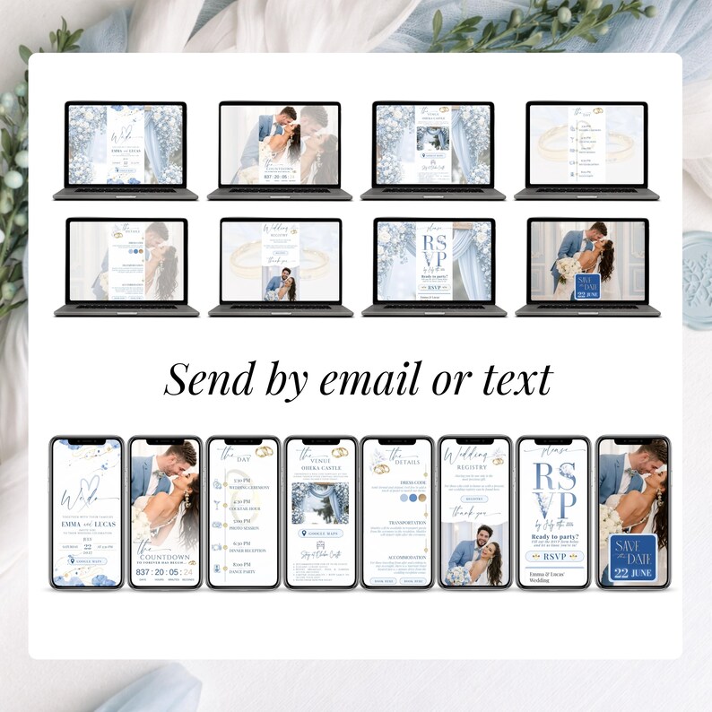 Online wedding invitation website shared by email or text message, digital wedding invite compatible with smartphone, elegant dusty blue wedding website with RSVP tracking, music and interactive sections