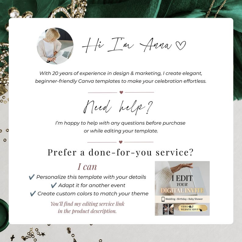 Editable Emerald Green Quinceañera Invitation Website created by an experienced Canva designer. Includes RSVP tracking, music, countdown timer, custom editing services, and personalized digital invitations for Sweet 16 and XV Años.
