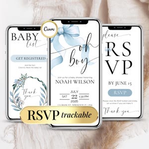 Invito Baby Shower Blue Boy - Invito Baby Shower Boy - Invito modificabile Oh Boy - RSVP digitale - Modello di invito minimalista