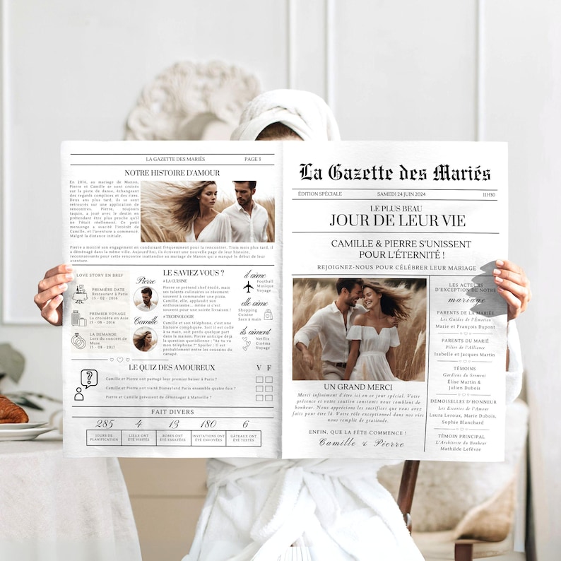Gazette des Mariés Modèle Faire Part Mariage Template Canva Invitation Mariage Personnalisable Journal Mariage Modèle Canva A3 et A4