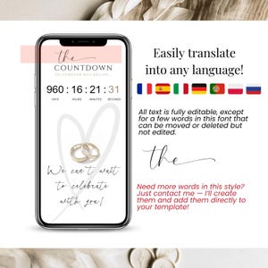 Wedding Website Invitation easily translated into multiple languages. Fully editable Canva template with customizable text, countdown, fonts and elegant ivory wedding design.