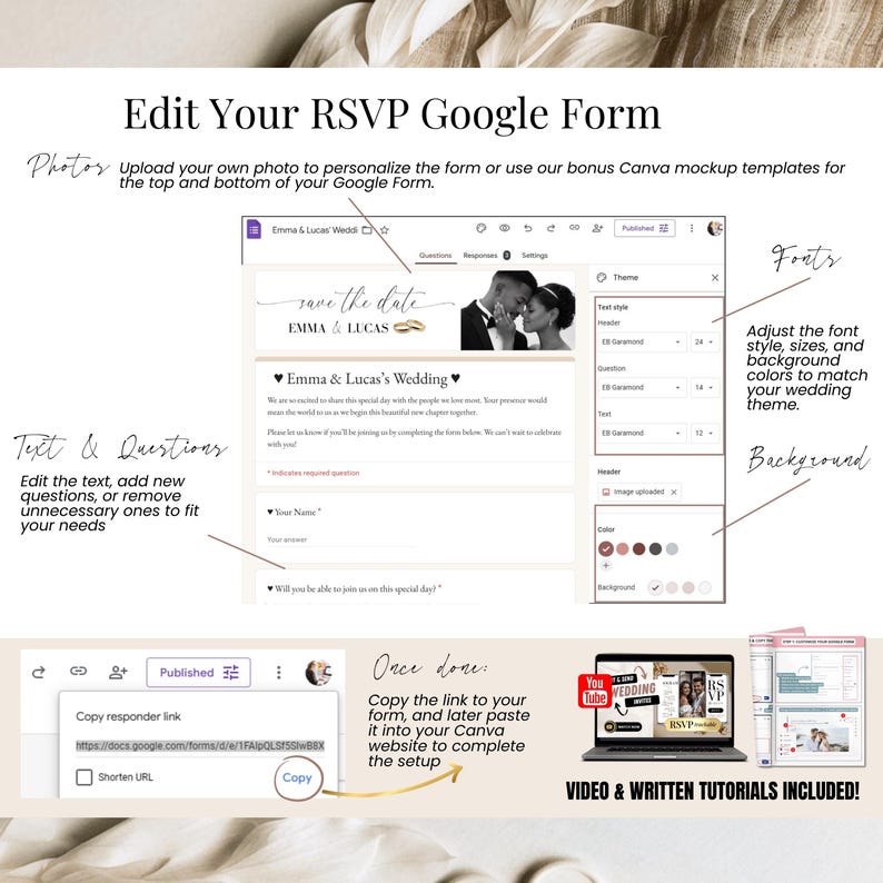 Step-by-step guide to edit RSVP Google Form for digital wedding invitation, showing customization options and RSVP tracking.