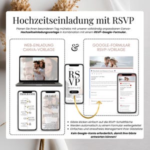 Elegante digitale Hochzeitseinladungsvorlage mit anpassbarem Design. In Canva editierbar, mit klickbarem RSVP-Link und Google-Formular für Gästelisten-Tracking. Perfekt für moderne Hochzeiten mit einfacher Organisation.