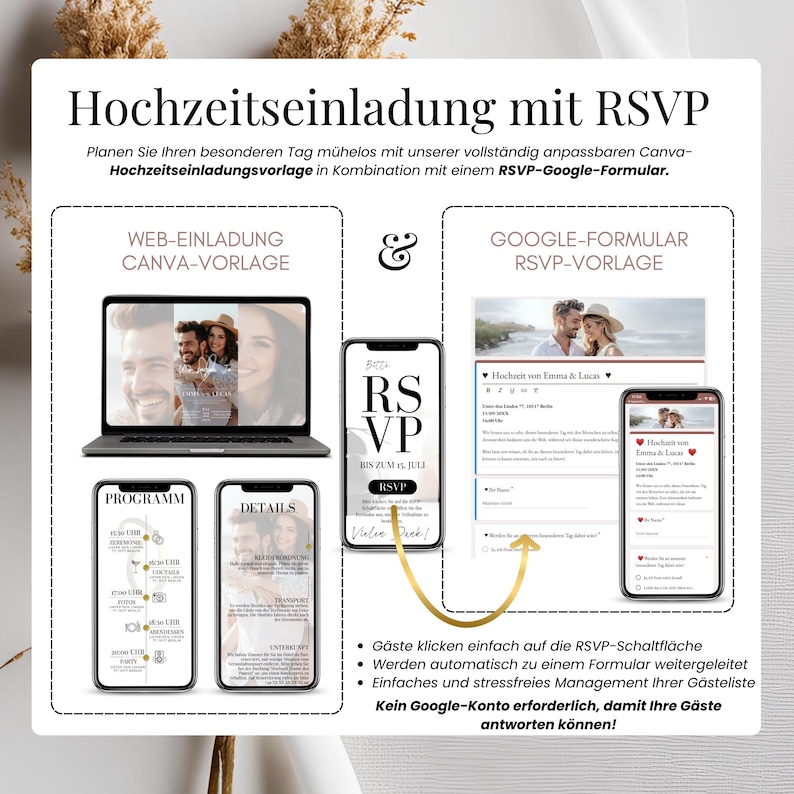 Elegante digitale Hochzeitseinladungsvorlage mit anpassbarem Design. In Canva editierbar, mit klickbarem RSVP-Link und Google-Formular für Gästelisten-Tracking. Perfekt für moderne Hochzeiten mit einfacher Organisation.