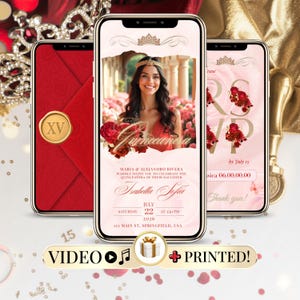 Red Quinceanera Video Invitation, Editable Animated Digital Invite for Sweet 15 Birthday Celebration, Mis Quince 15 Anos Sweet 16 Invite