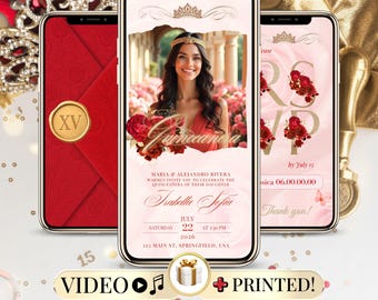 Red Quinceanera Video Invitation, Editable Animated Digital Invite for Sweet 15 Birthday Celebration, Mis Quince 15 Anos Sweet 16 Invite