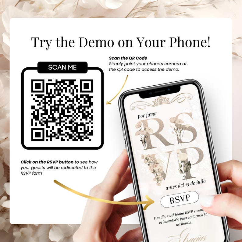 Prueba antes de comprar – Escanea para ver el RSVP Google Form & Website | Test Sweet 15 RSVP tracking