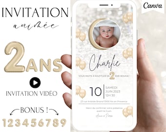 Invitation Anniversaire enfant 2 ANS, Vidéo, Template Canva, Invitation Numérique, Carte Anniversiare Digitale, Anniversaire bébé