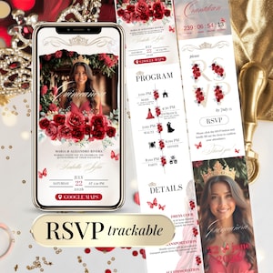 Invitación Digital Quinceañera Sweet 16 con RSVP y Countdown – Plantilla Editable Canva Cumpleaños 15 16 – Rojo y Dorado Digital Invite