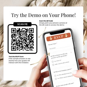 Try the demo digital wedding invitation on your phone using a QR code, showcasing animated Canva wedding invite with RSVP and interactive features.