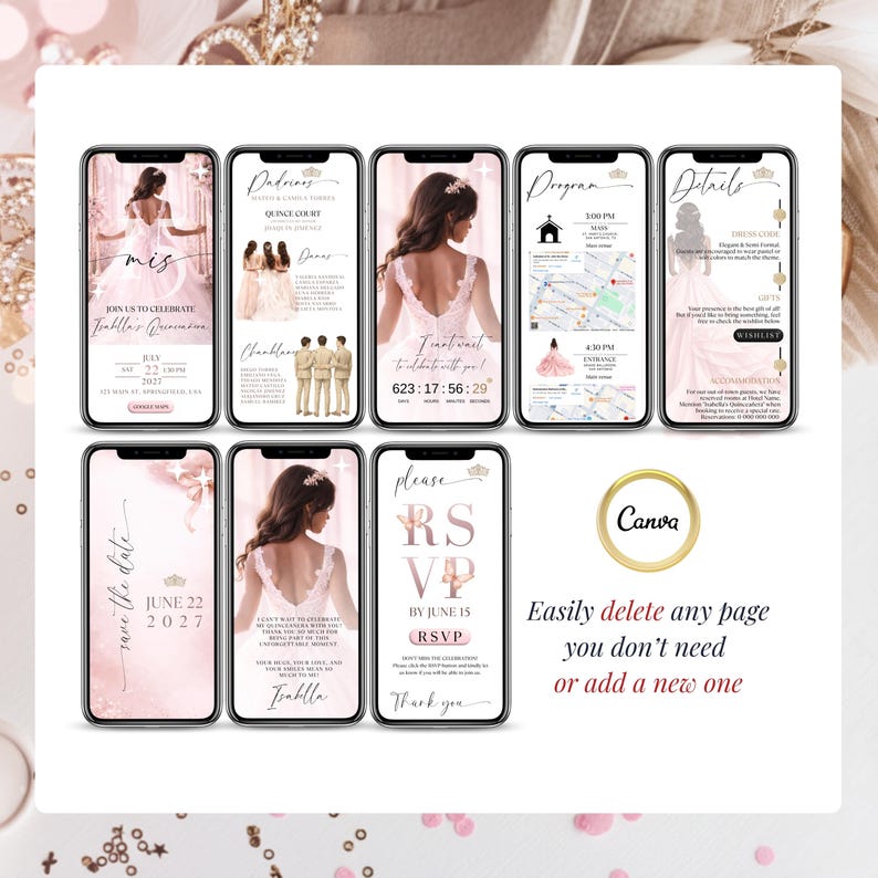Elegant pink and gold digital Quinceañera invitation website with clickable RSVP tracker, princess-inspired design, mobile-friendly layout, and editable Canva template for Mis 15 and Sweet 16 celebrations.