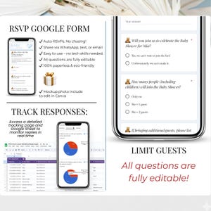 Google Form RSVP tracking interface for baby shower invitation. Heaven Sent blue baby shower digital invite with RSVP responses, editable Canva template.