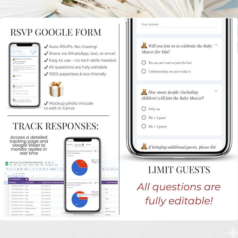 Google Form RSVP tracking interface for baby shower invitation. Heaven Sent blue baby shower digital invite with RSVP responses, editable Canva template.