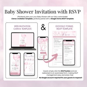 Pink Bow Baby Shower Invitation with RSVP – Includes web-based Canva invitation template and matching Google Forms RSVP form. Guests click RSVP button to access the form, no Google account required. Features real-time countdown, customizable layout, and coquette pink bow design. Ideal for digital baby shower planning with online guest management and stress-free setup.