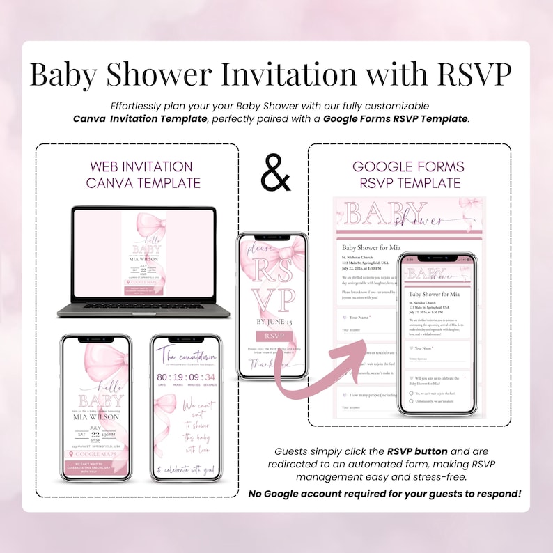 Pink Bow Baby Shower Invitation with RSVP – Includes web-based Canva invitation template and matching Google Forms RSVP form. Guests click RSVP button to access the form, no Google account required. Features real-time countdown, customizable layout, and coquette pink bow design. Ideal for digital baby shower planning with online guest management and stress-free setup.