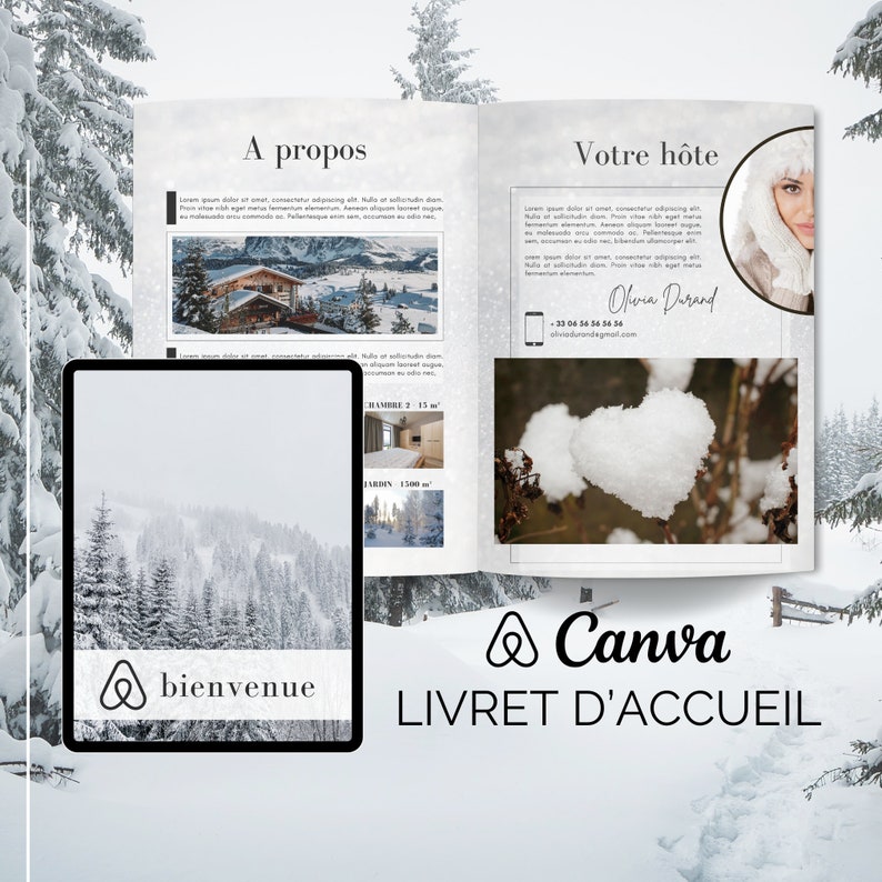 Livret d’accueil hiver chalet ski, 32 pages A4, Template Canva, Airbnb Template, Welcome Book Français, Livret d’accueil