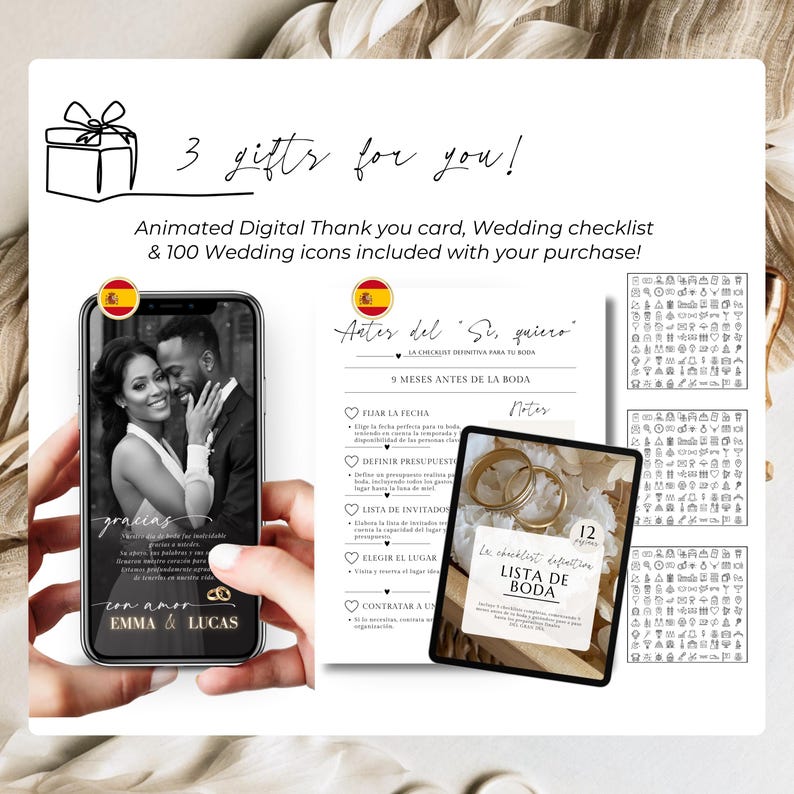 May include: Digital wedding planning bundle featuring a smartphone displaying a photo of a couple, a checklist, and icons. The text includes "3 gifts for you!" and "Animated Digital Thank you card, Wedding checklist & 100 Wedding icons included with your purchase!"
