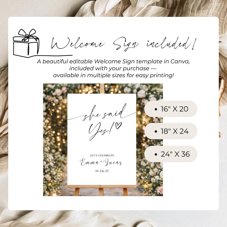 Canva editable engagement welcome sign template, printable wedding welcome sign in multiple sizes, elegant minimalist engagement decor sign