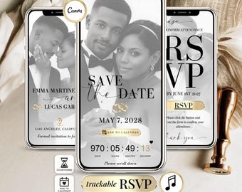 Save the Date Digital Wedding Invitation with RSVP Link | Canva Website Template, Music & Countdown | Add to Calendar, Guest Tracking
